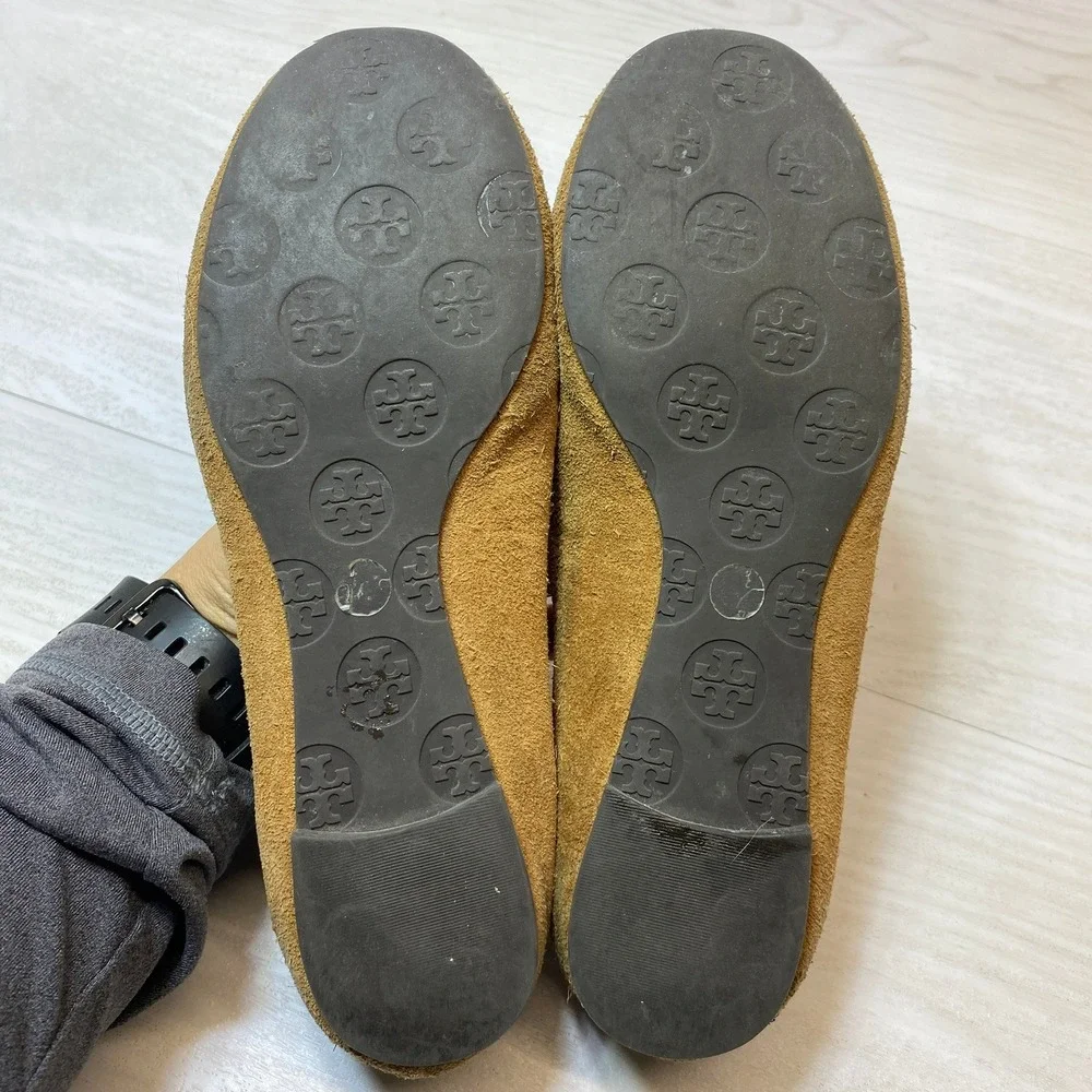 Tory Burch Womens 6.5M Reva Ballet Flats Logo Medallion Tan Brown Suede Leather
